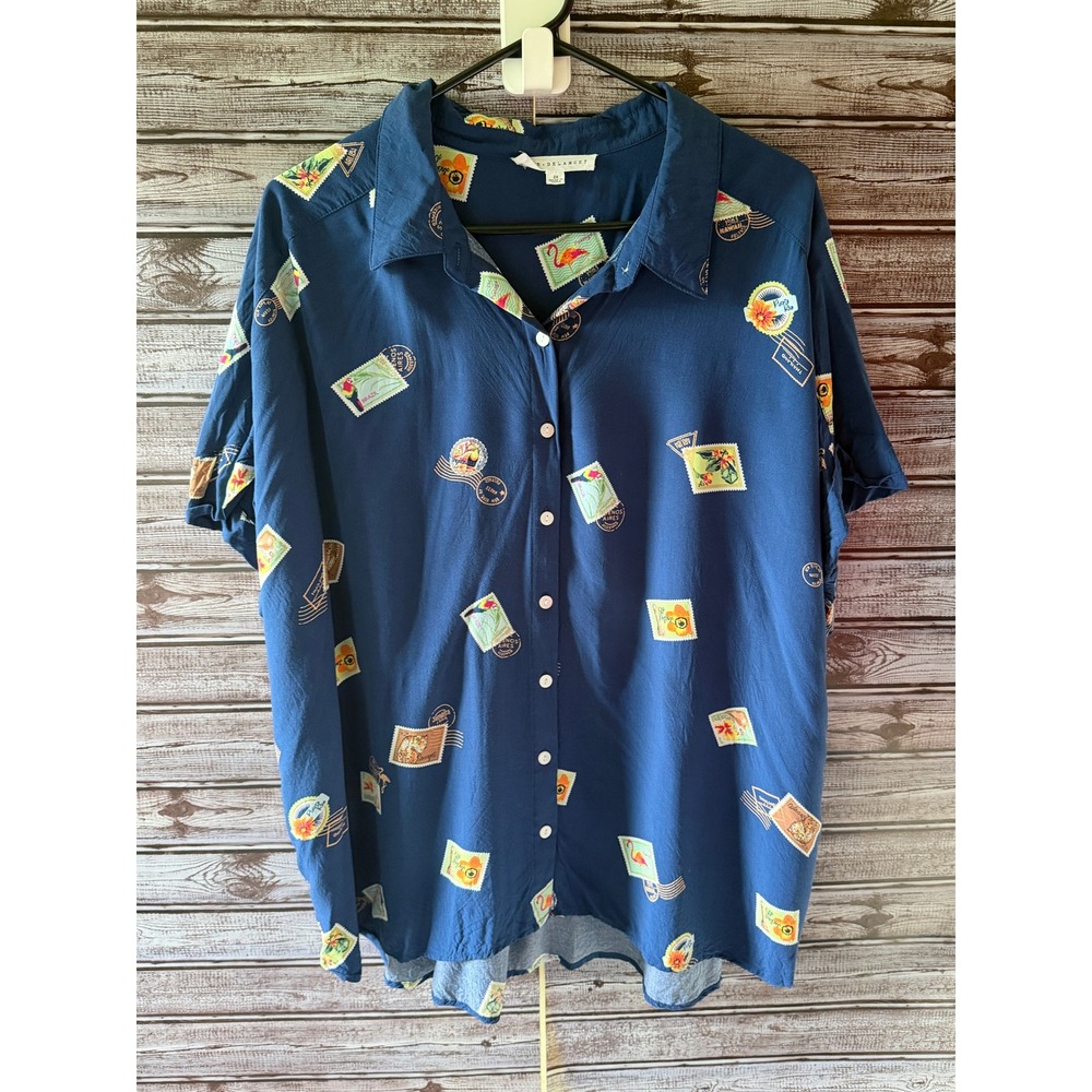 Jane + Delancey Women's Blue Stamp Print Short-Sleeved Button Down Top Size 2X